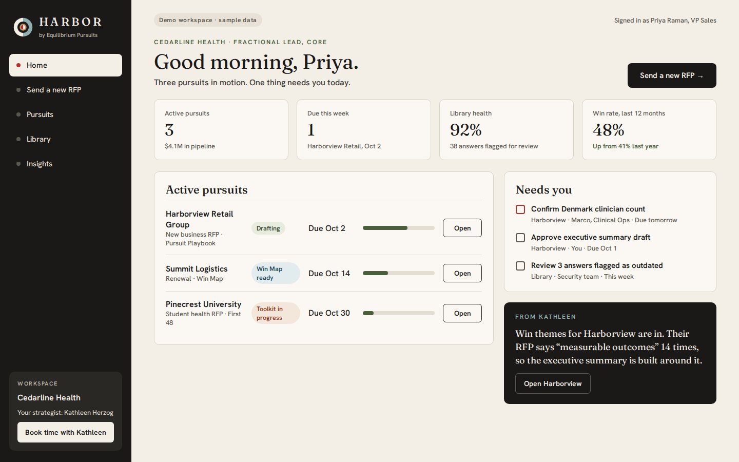 Harbor client portal home screen showing active pursuits, library health, and win rate
